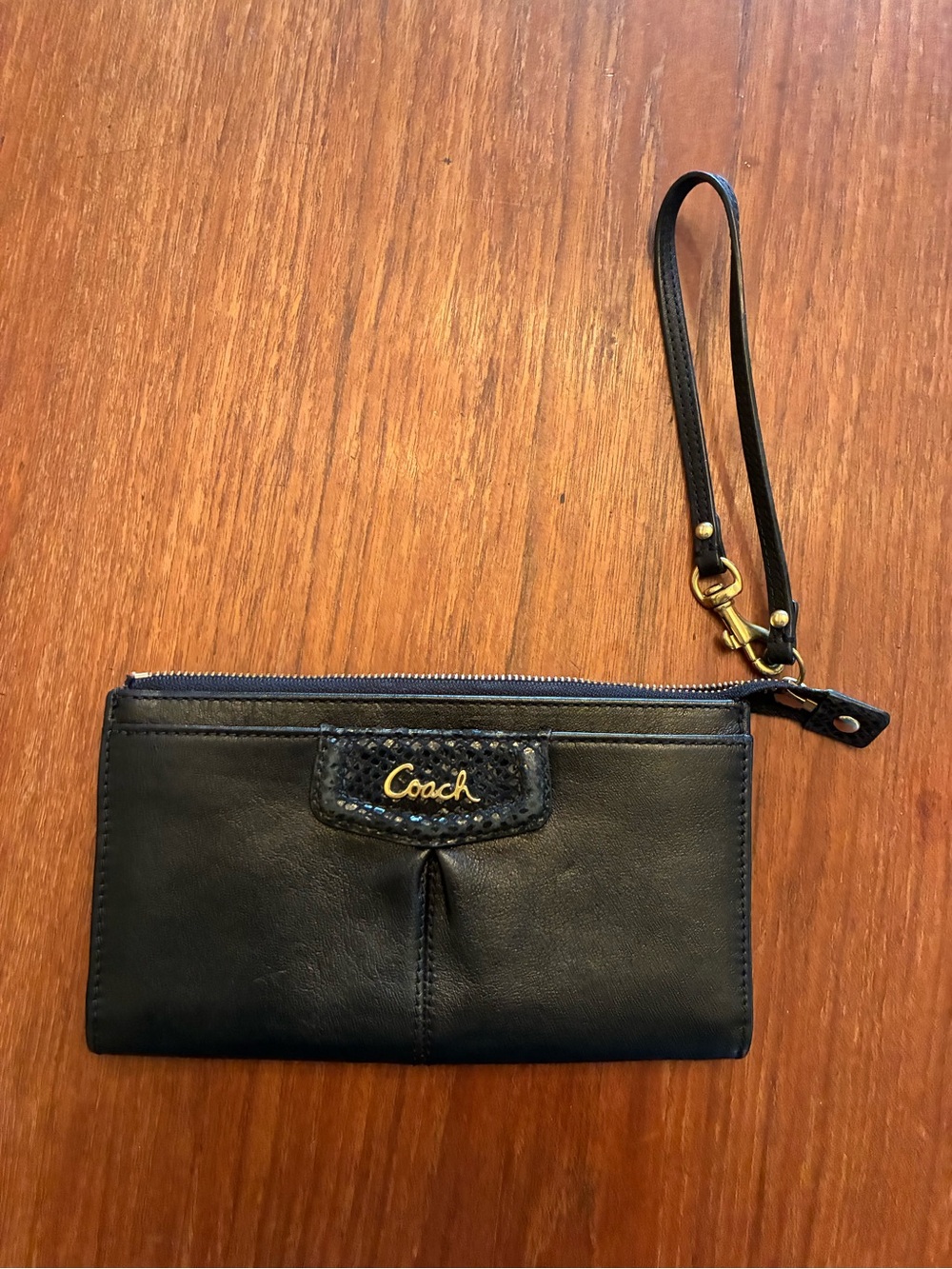Coach Black Leather Wristlet with Gold Hardware